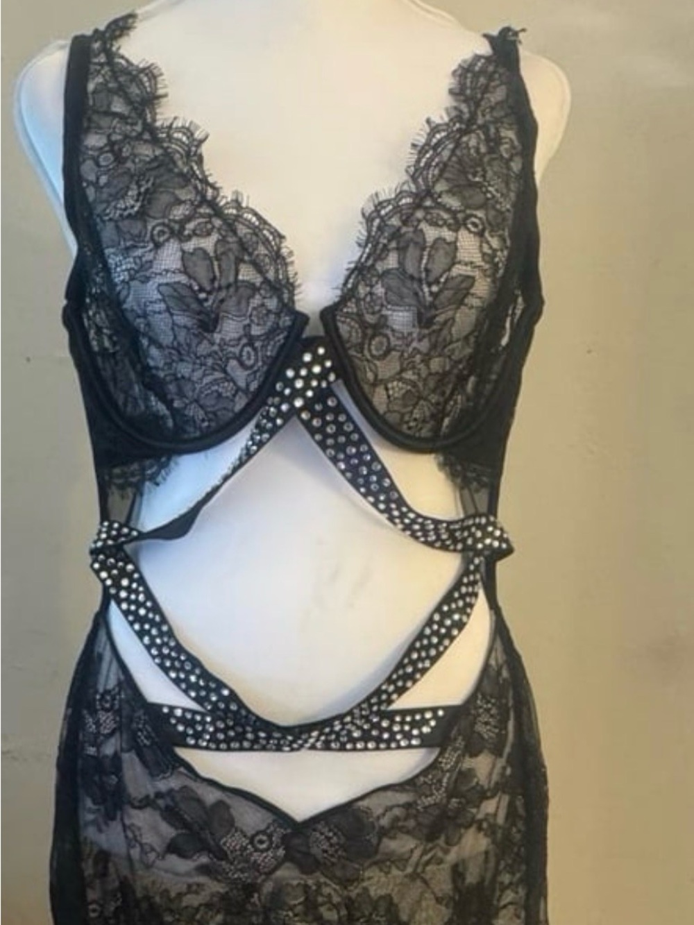 Victoria's Secret Black Lace Cutout Nightwear with Embellished Straps